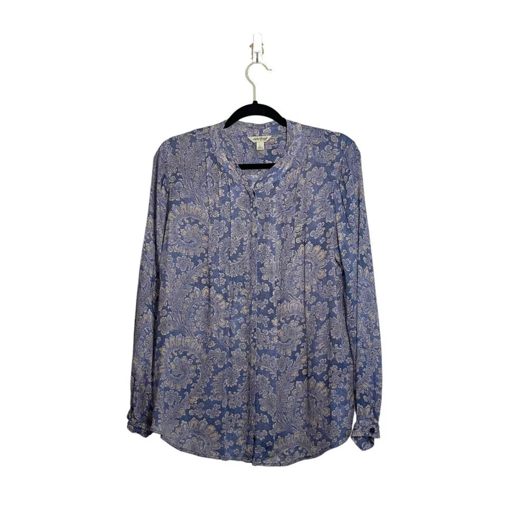 Lucky Brand Blue & Cream Paisley Print Button Front Blouse Large Women’s